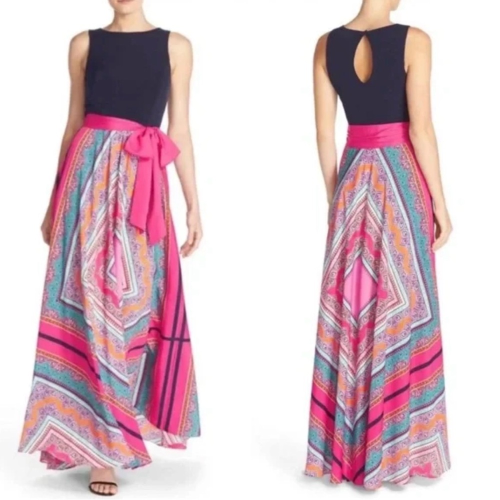 Eliza J Scarf Print Maxi Dress women size 6 navy blue altered A line elegant